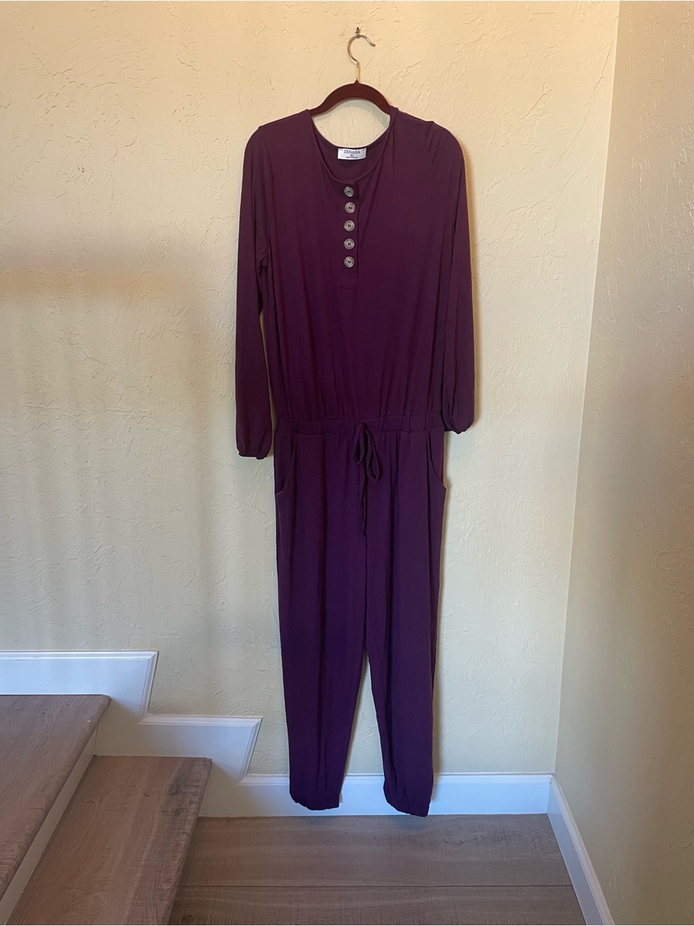 Zenana Outfitters Long-Sleeve Henley Jumpsuit in Plum